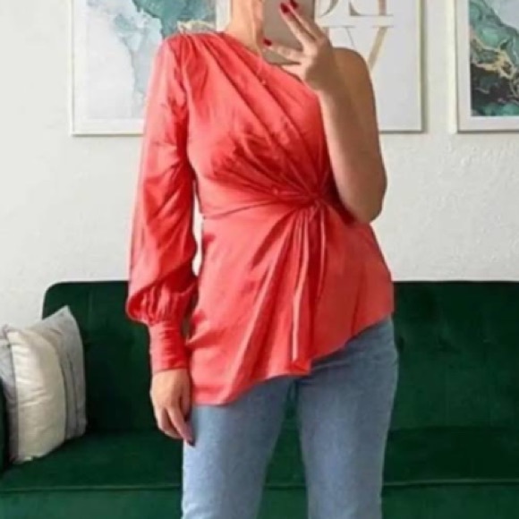 cinq a sept Tops - Cinq a Sept Neon Coral Satin Silk One Shoulder Stace Shirt Asymmetrical Blouse